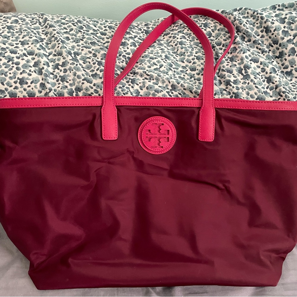 Barely used Tory Brurch Marion nylon tote bag purple and red